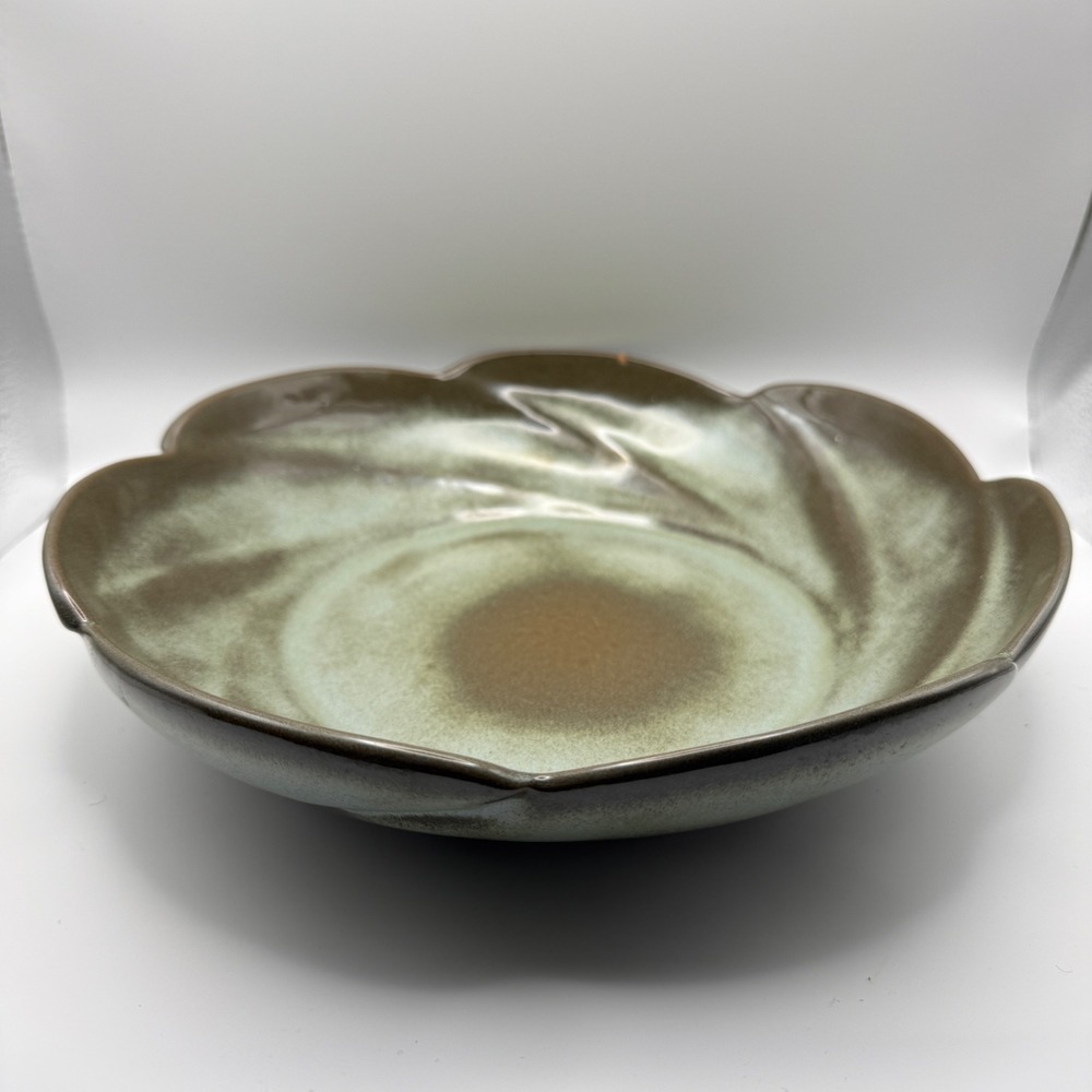 Frankoma Pottery Serving Bowl 218 11" Prairie Green Brown Swirl Scalloped VTG